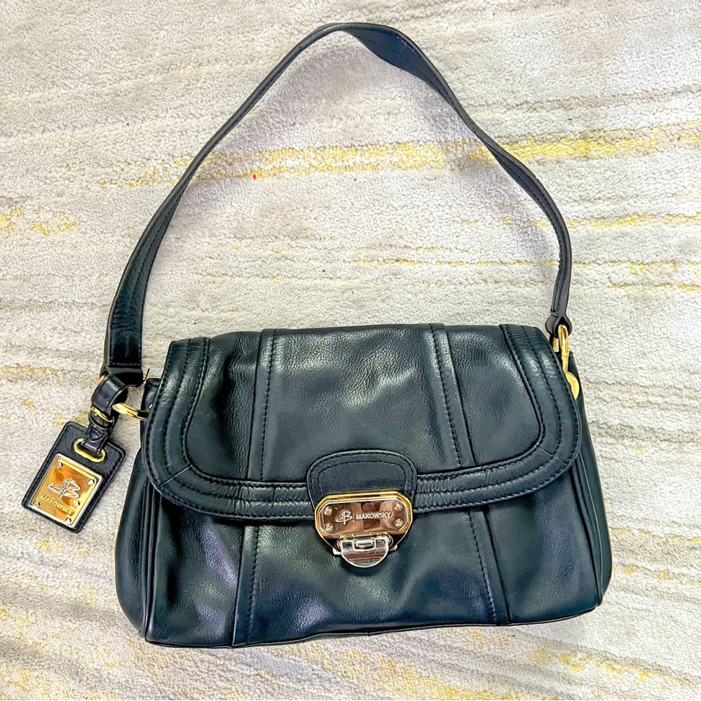 B. Makowsky Black Leather Shoulder Bag Gold-Tone Hardware & Plum Satin Interior